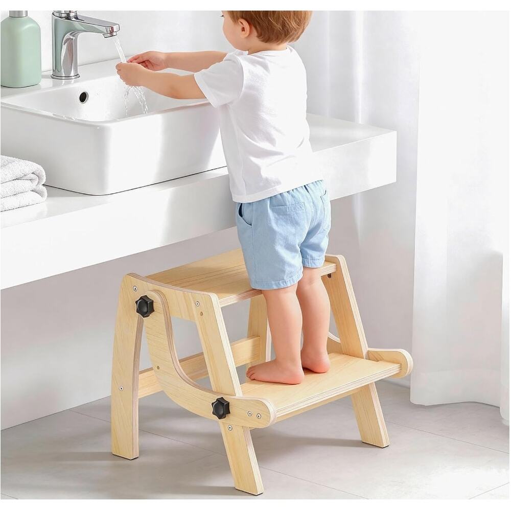 2 in 1 Convertible Toddler Foldable Step Stool Converts to Chair- Natural Wood
